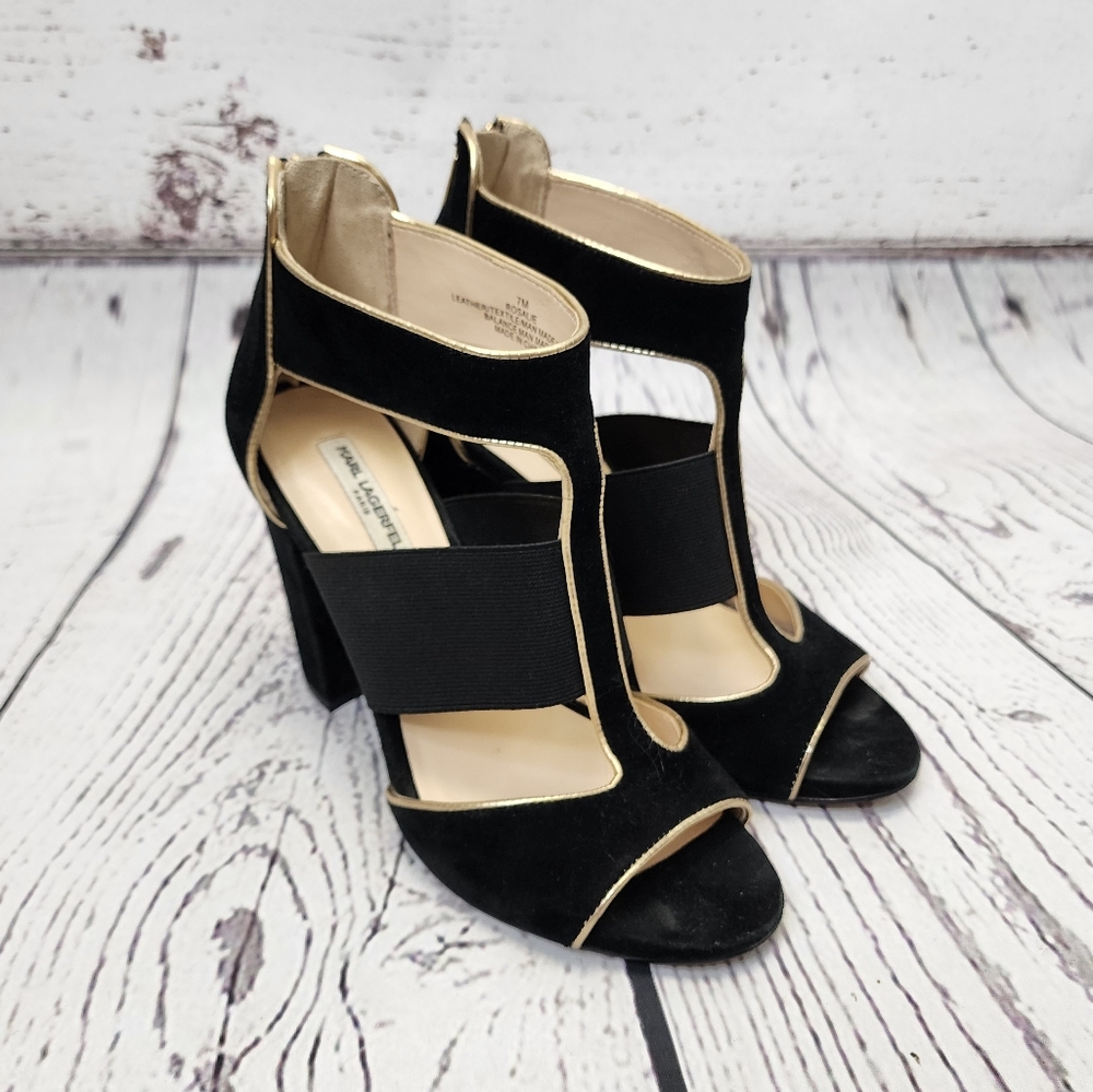 Karl Lagerfeld T Strap Rosalie Black Suede Heels Size 7
